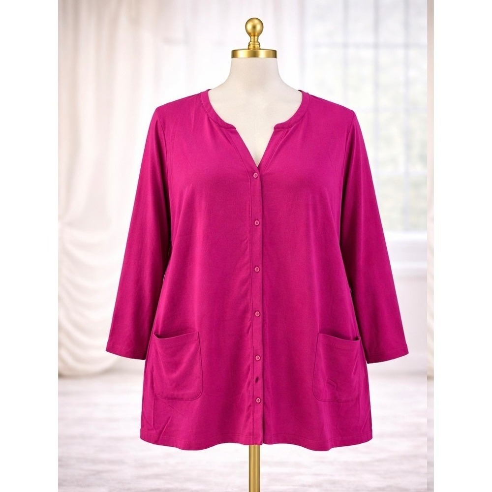New Isaac Mizrahi Luxe Pima Cotton Button‎ Front Cardigan 3X Pink Pockets Long